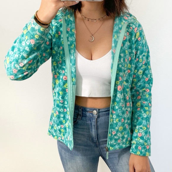 Columbia Teal green blue pink floral fleece jacket